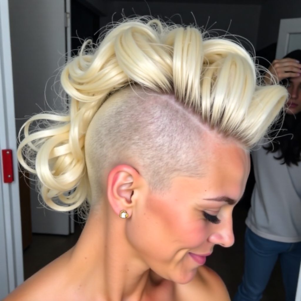 blonde curly mohawk updo