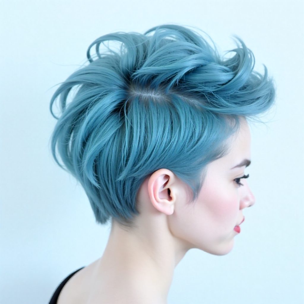 pastel blue curly mohawk updo