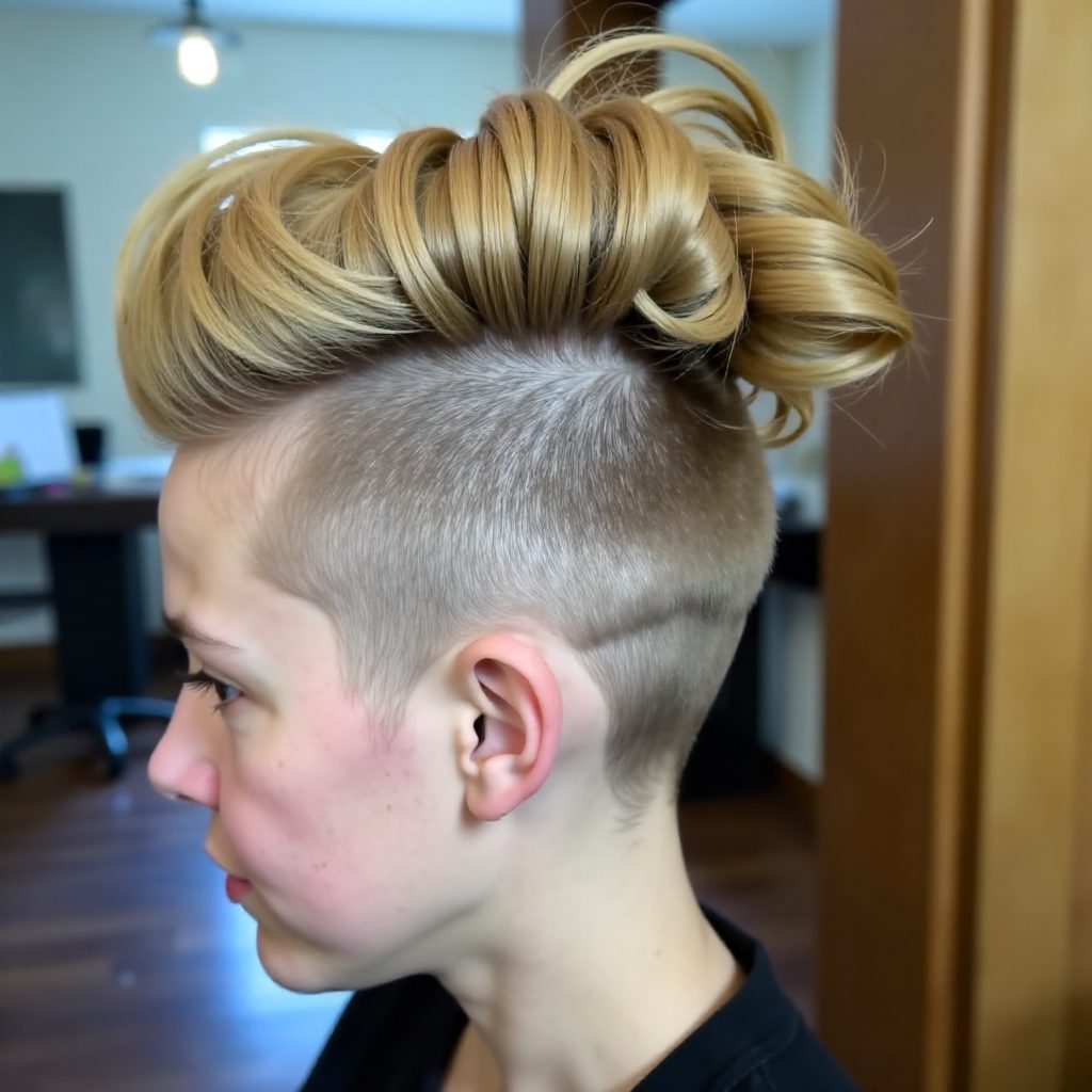 women's blonde curly mohawk with undercut