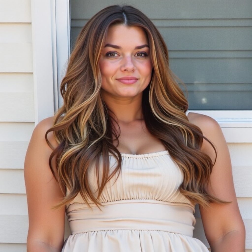layered hairstyle with copper highlights