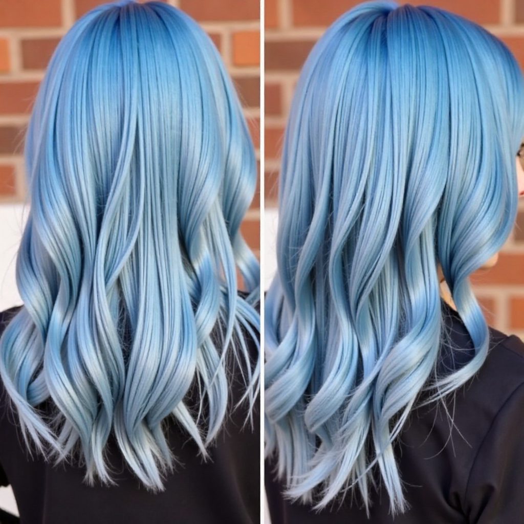 curly pastel blue hairstyle with lavender highlights