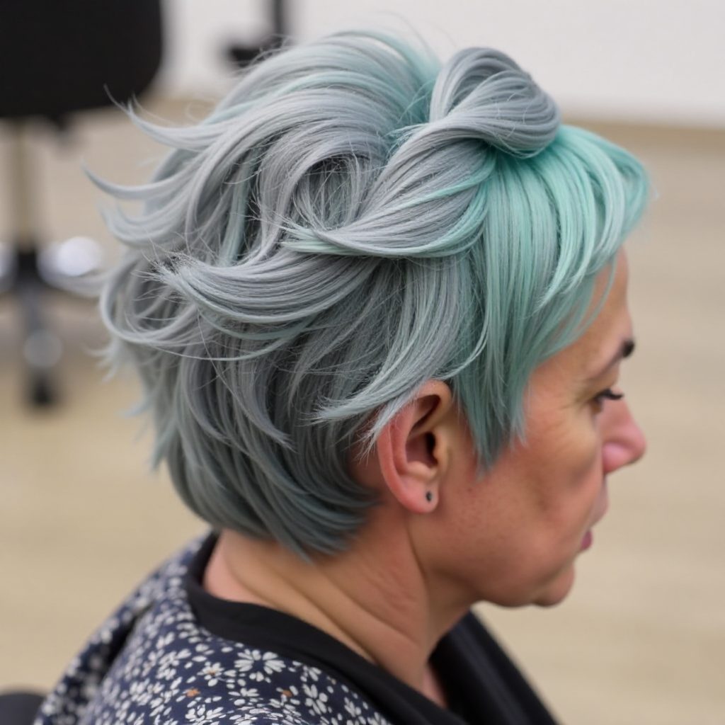turquoise blue hair with lavender highlights