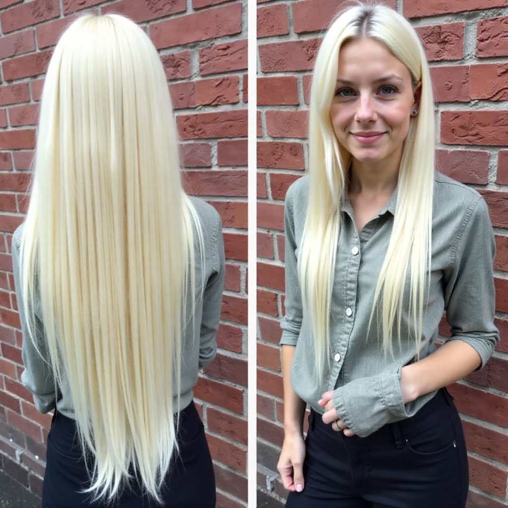 long blonde hair with blue and lavender highlights