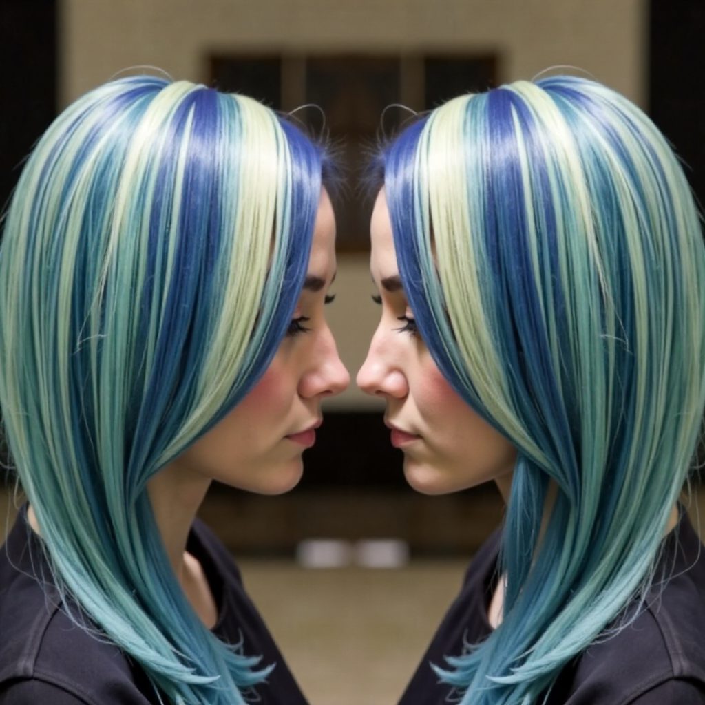 silver blonde hair with purple blue highlights