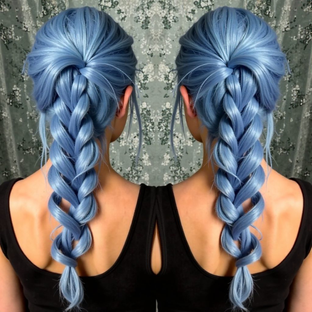 pastel blue hair with purple highlights