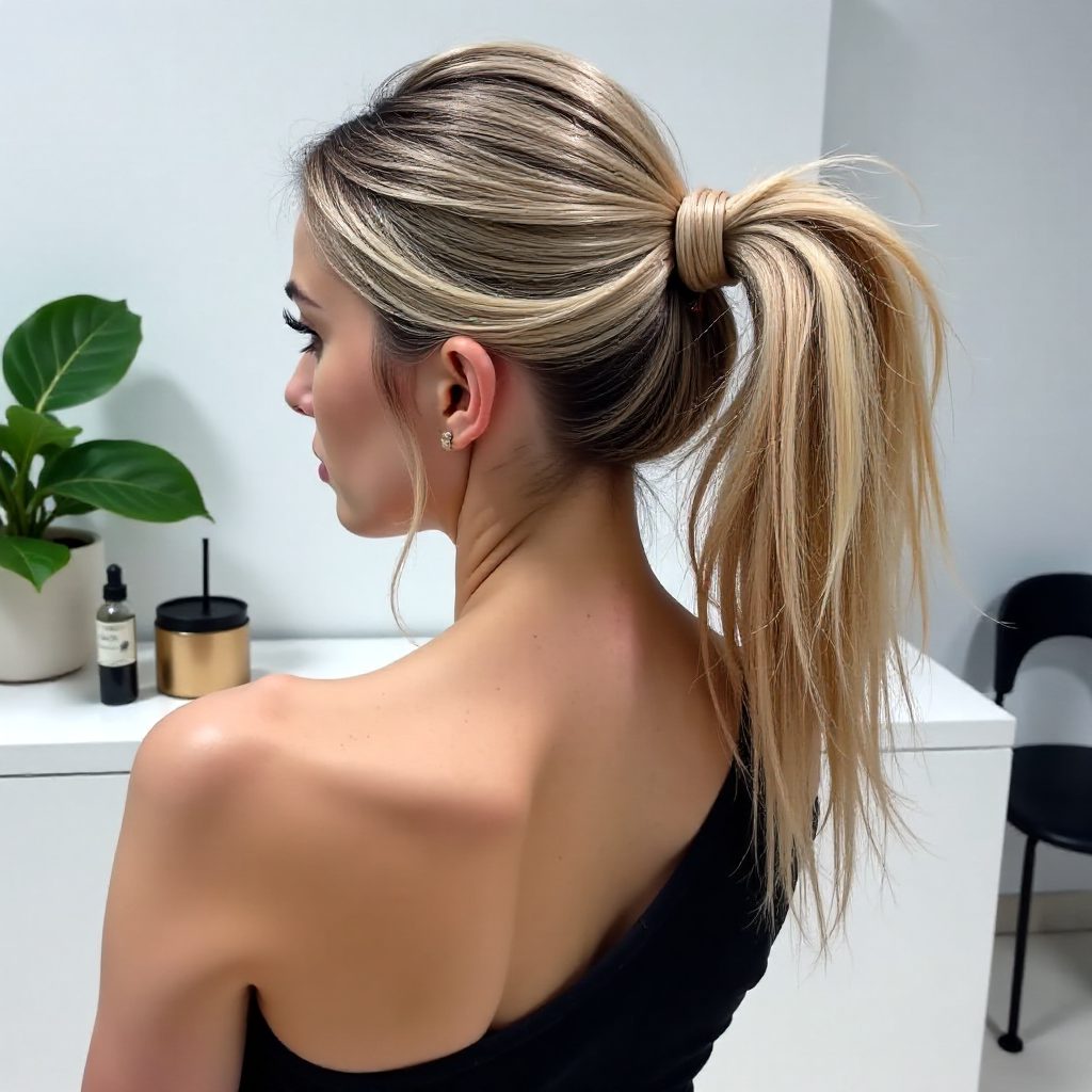 Sleek Ponytail with Long Thick Bangs