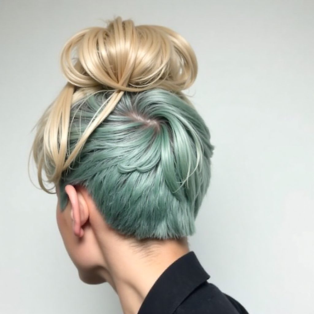 turquoise and pastel pink top knot updo