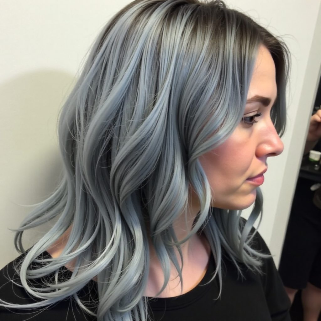 Medium Curly Silver Hair With Black Roots