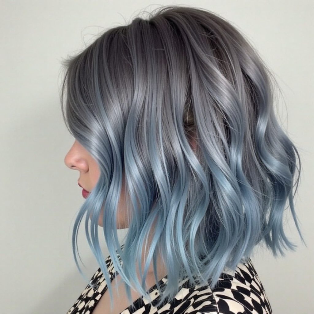 Wavy Silver Lob With Pastel Blue Highlights