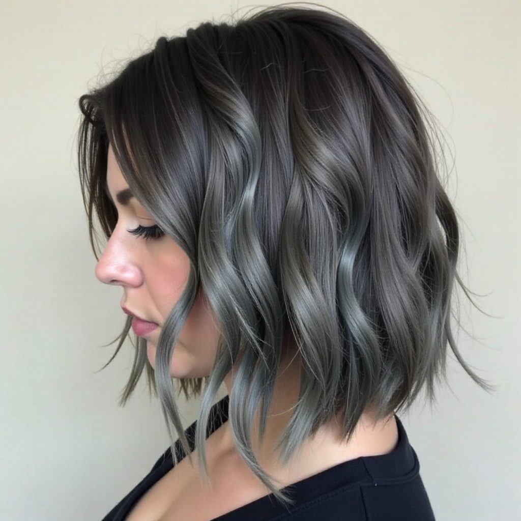 Blunt Black Bob With Silver Balayage