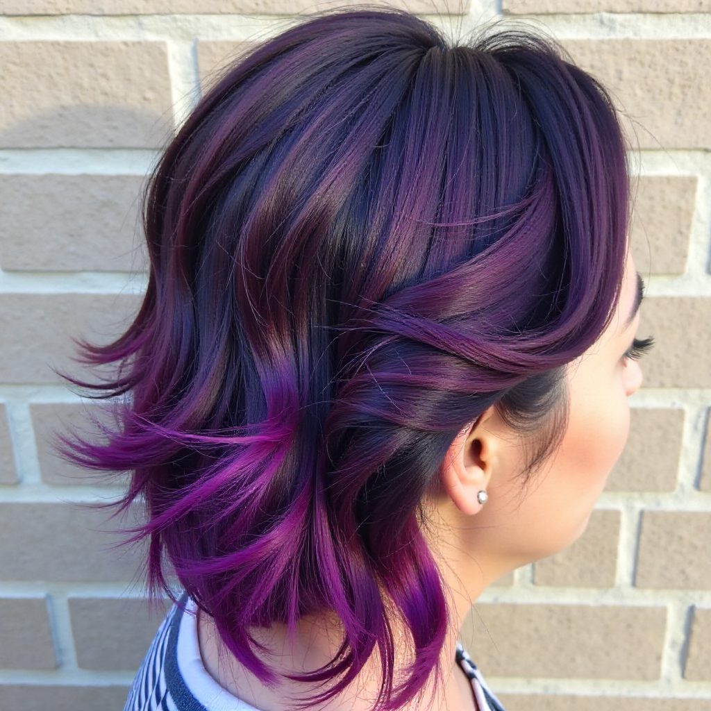 Brown Braided Updo With Violet Highlights