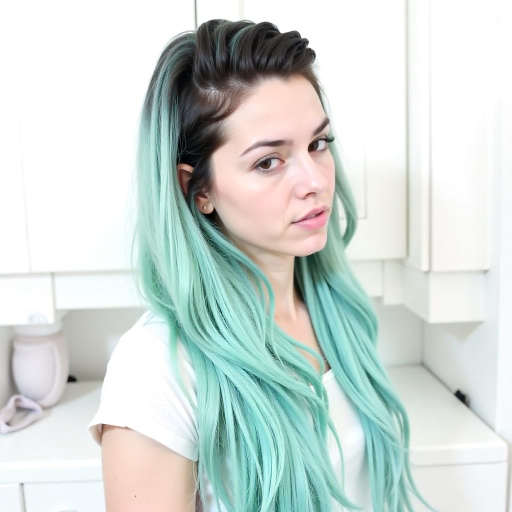 Long Pastel Blue Hair With Black Roots