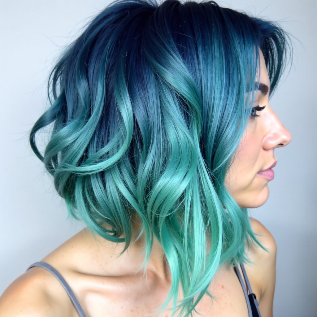 Angled Blue To Teal Ombre Bob