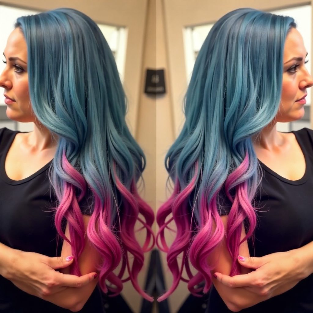 Black Hair With Teal And Burgundy Highlights