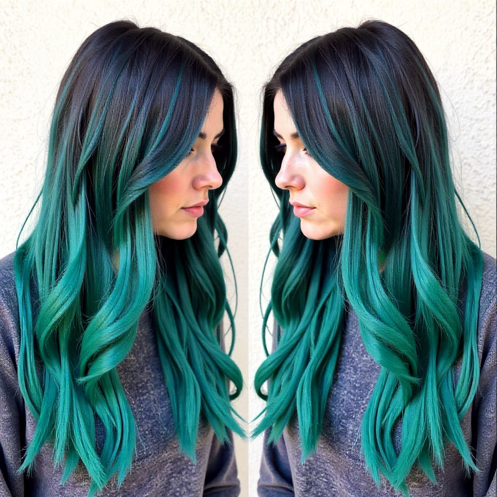Black To Teal Ombre Hair With Bangs