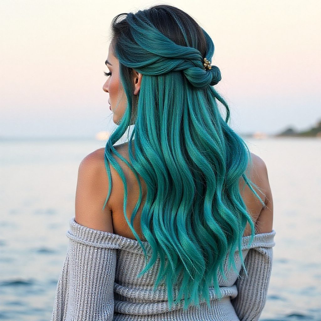 Long Teal Hair With Dark Roots
