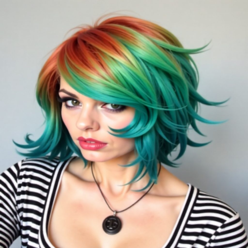 Turquoise Bob With Red And Yellow Roots