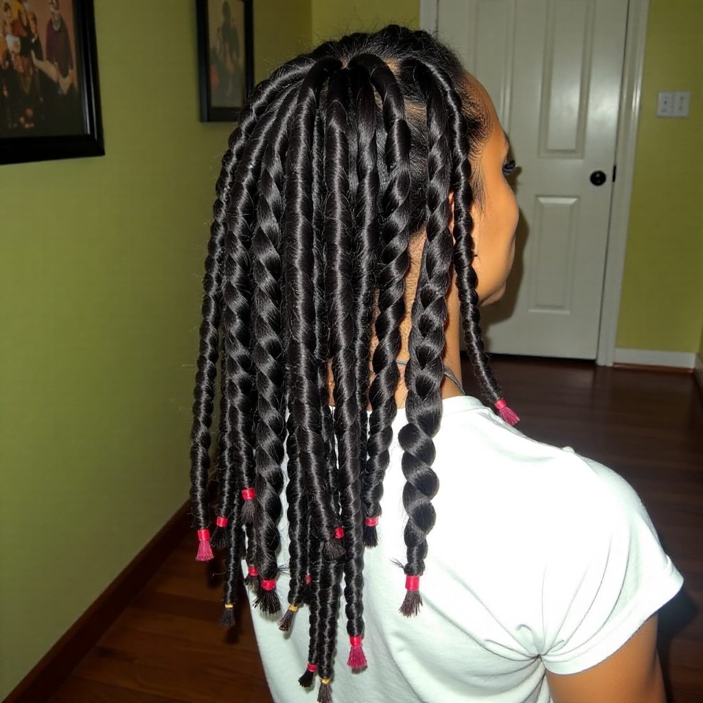 Black Box Braids With Burgundy Faux Locs