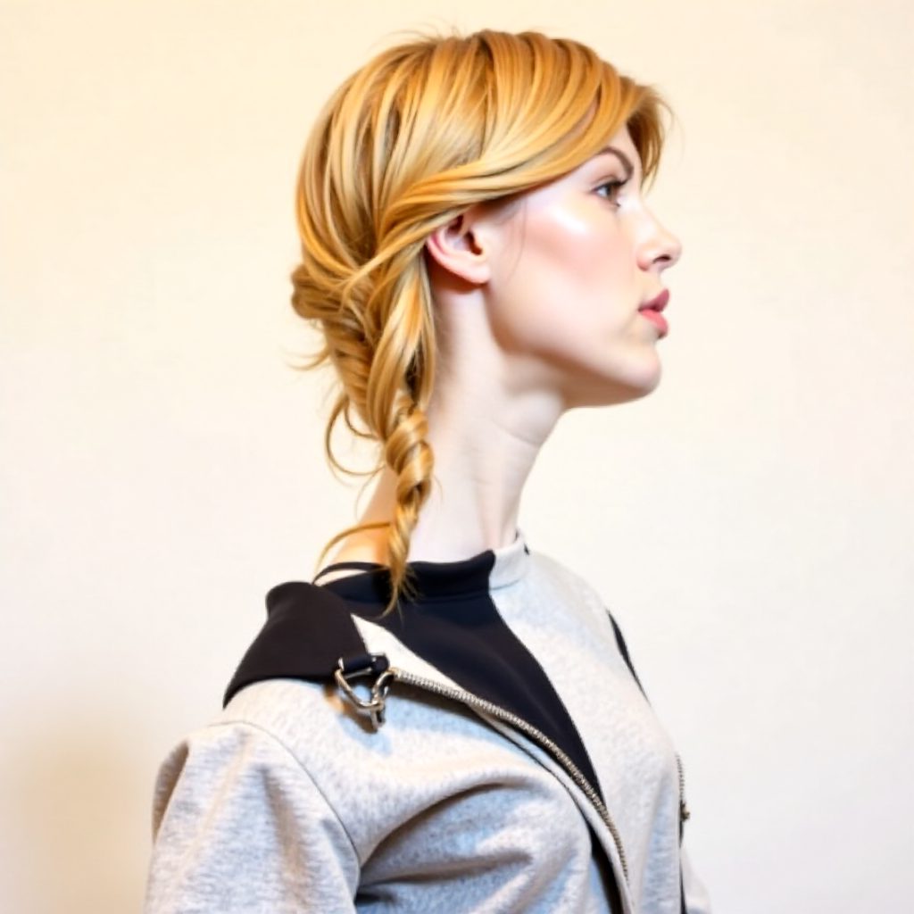 Braid Hairstyle with Black Ribbon at the Ends