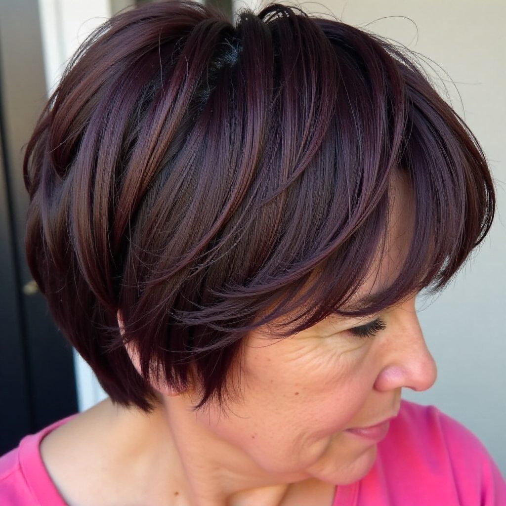 Layered Bob with Full Bangs Violet Highlights