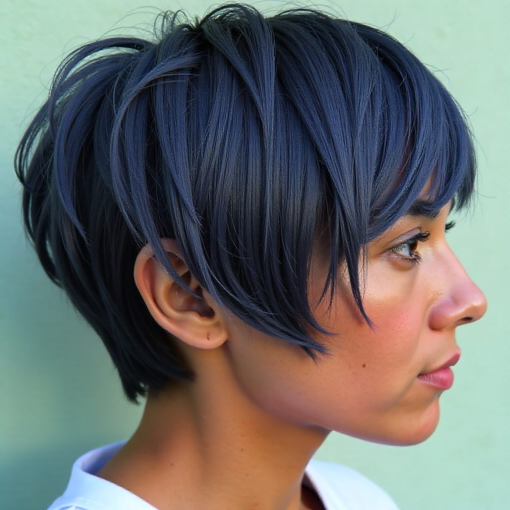 Textured Navy Blue Pixie for Dark Straight Hair