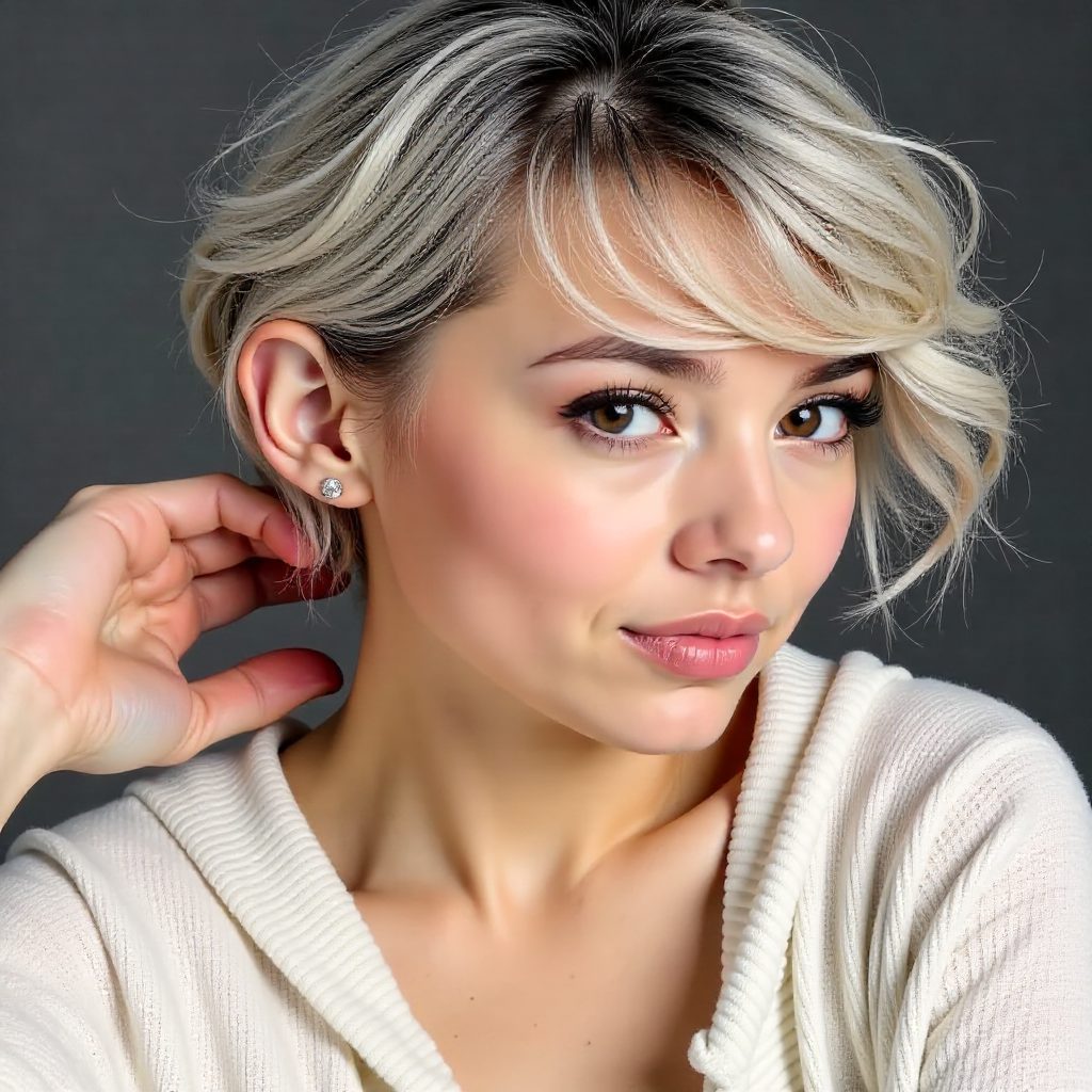 Blonde Undercut Pixie with Wispy Bangs and Shadow Roots