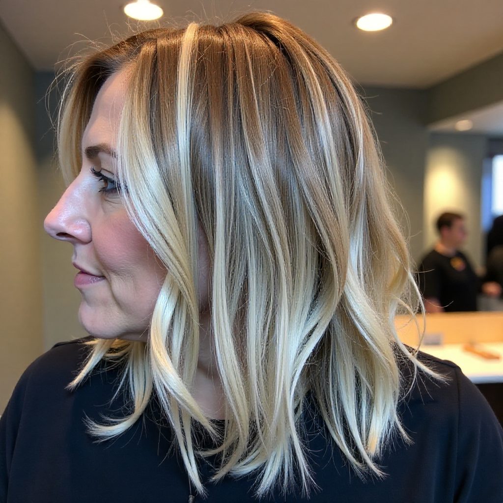 Angled Blunt Cut with Creamy Blonde Highlights