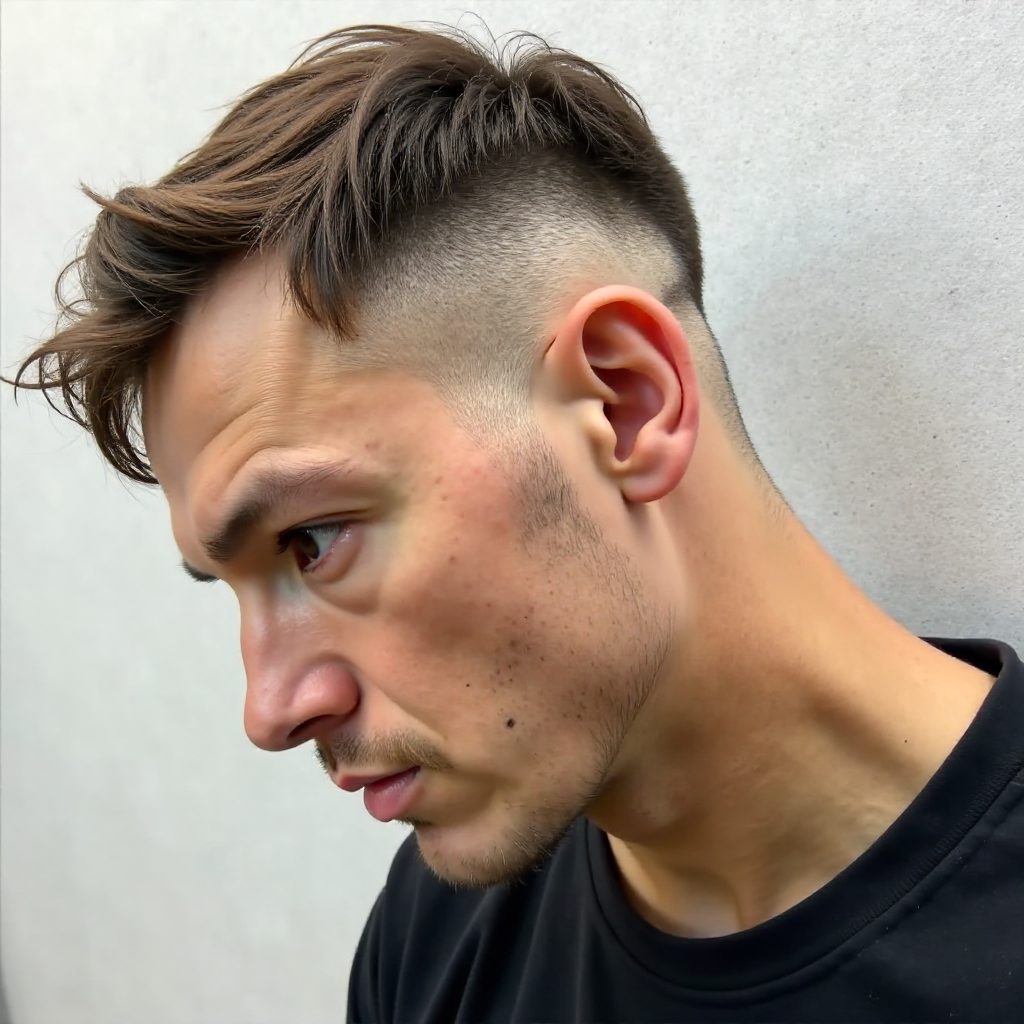 Short Mohawk Fade with Two Shaved Lines