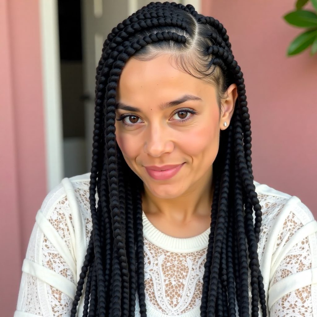 Side Cornrows with Triangle Part Braids and Loose Curls