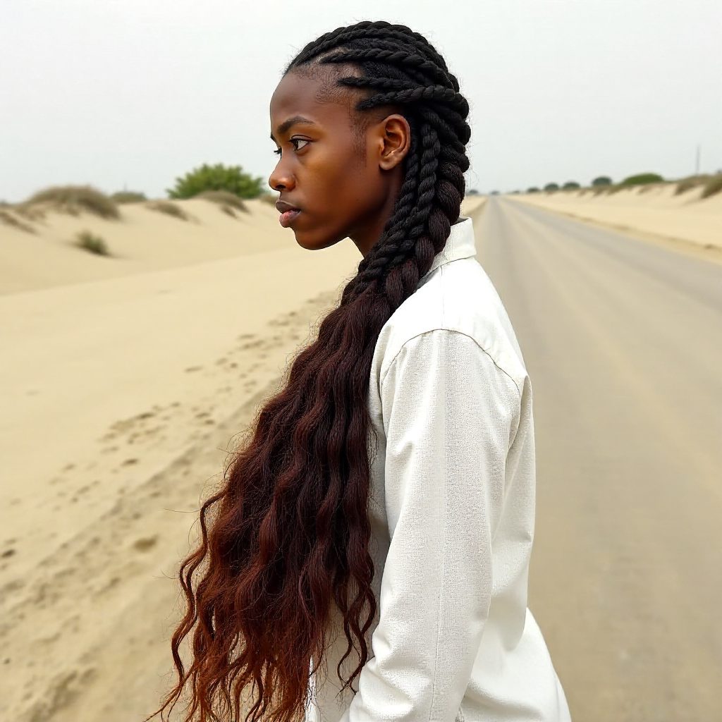 Freehand Cornrows and Long Brown Braids with French Wave Ends