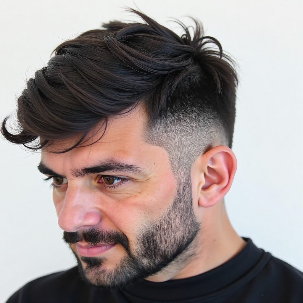 Line Up Fade Hairstyle with Longe Messy Bangs