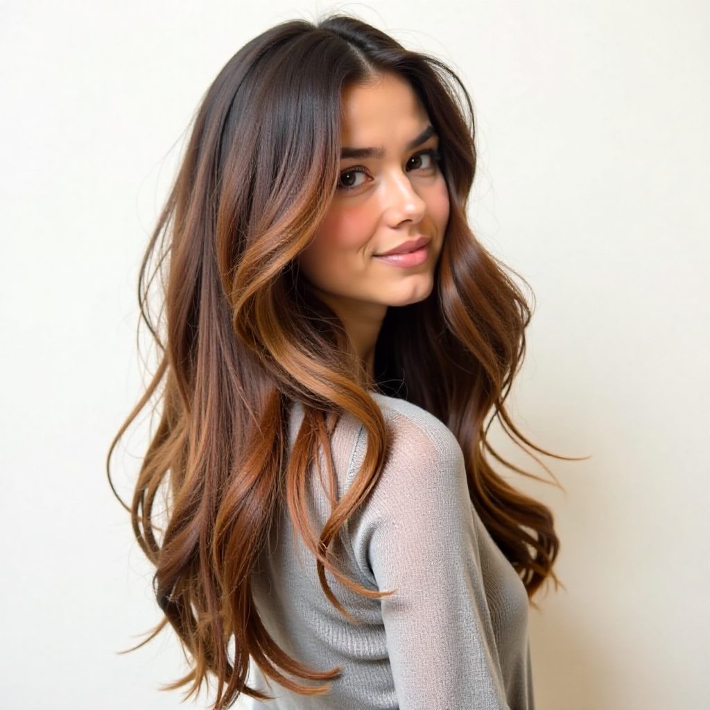 Straight Long Layered Hair with Caramel Babylights