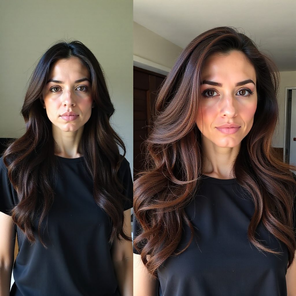 90s Blowout and Brown Highlights on Dark Hair