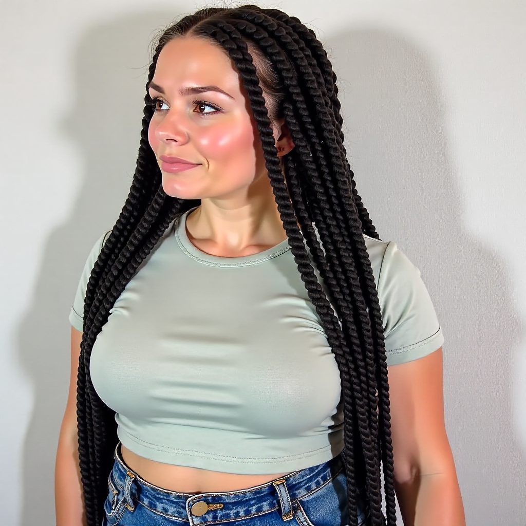 Thick Box Braids Adorned with Elastics