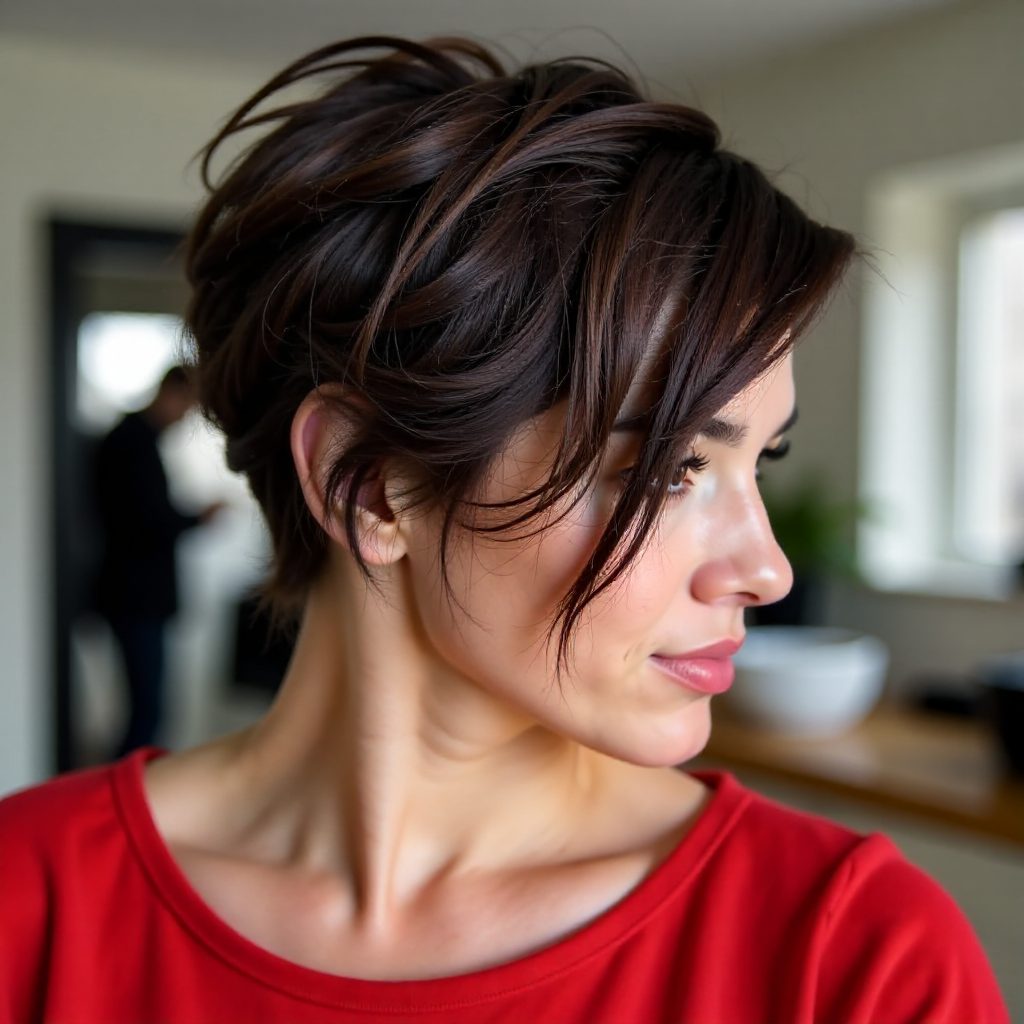 Rich Brown Pixie with Asymmetric Bangs