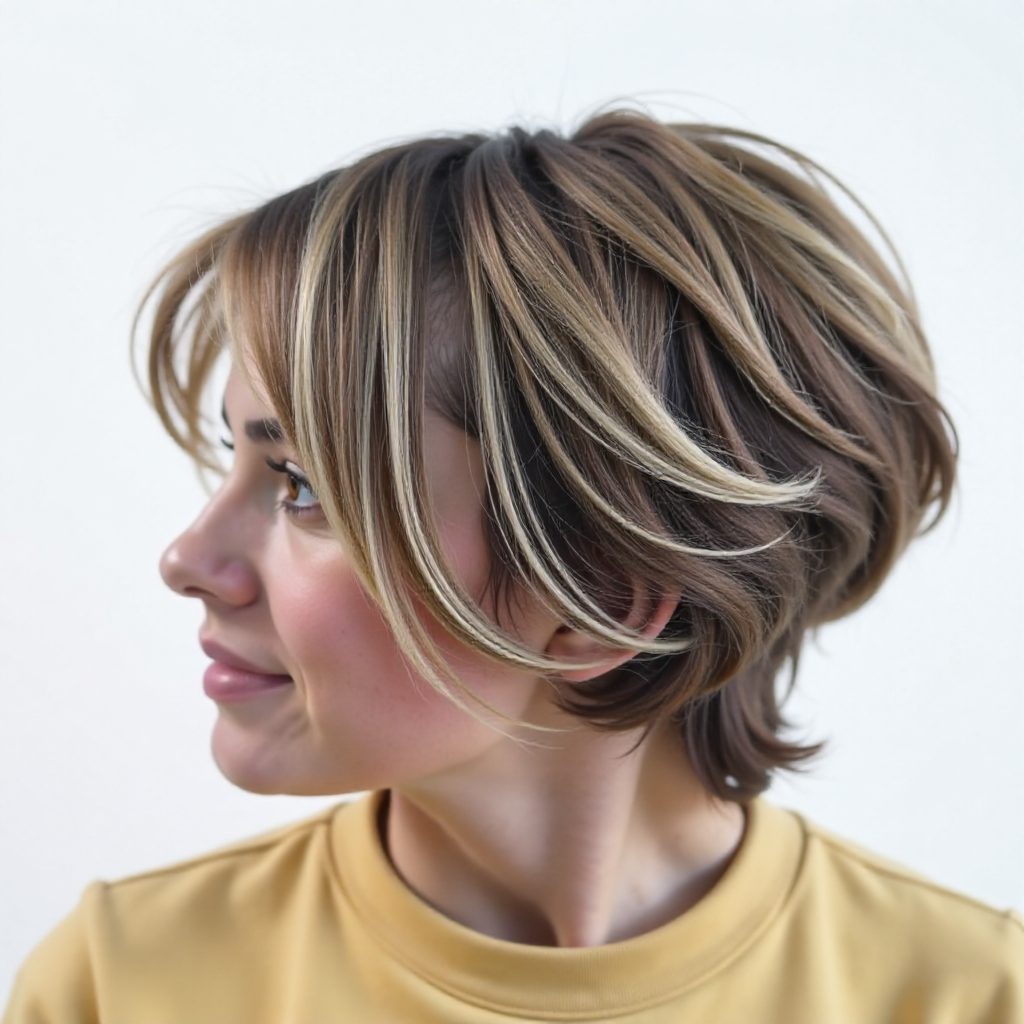 Pixie Bob with Long Side Bangs and Subtle Highlights