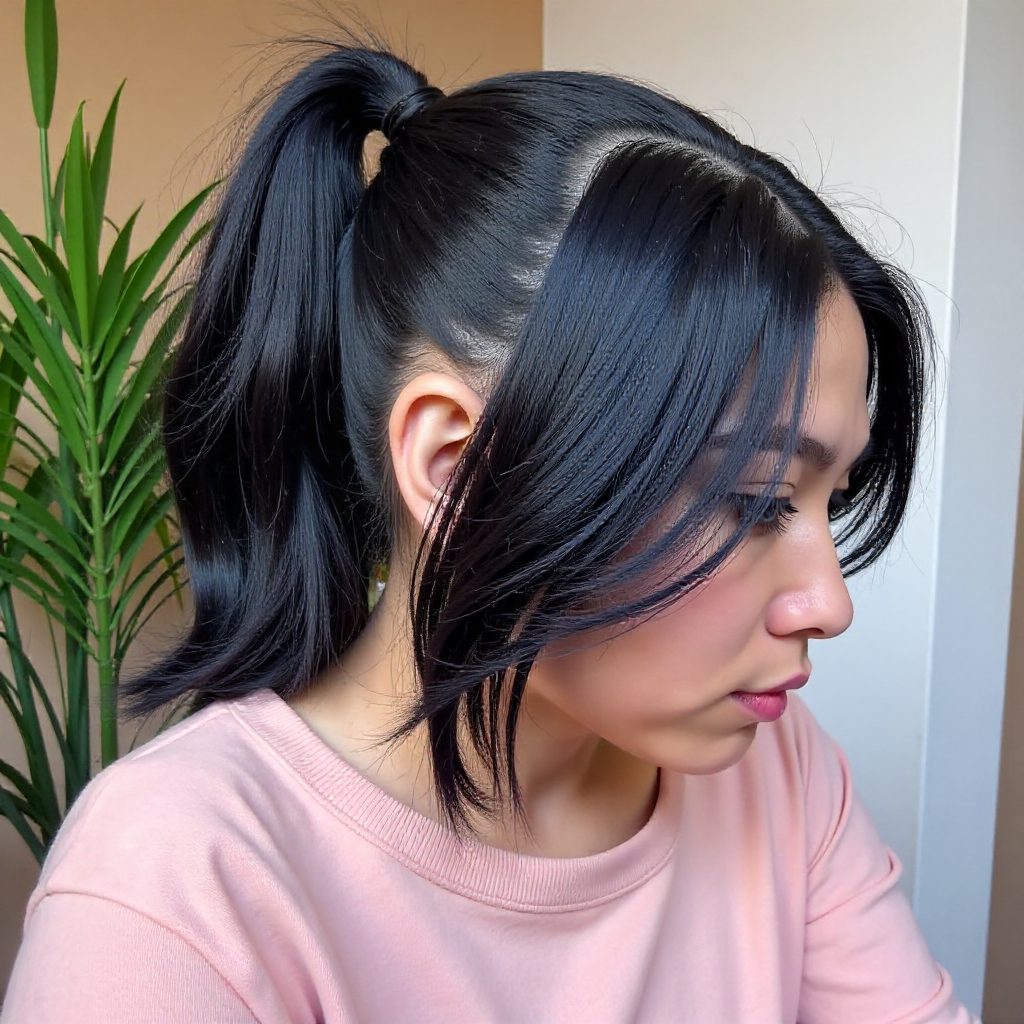 Wavy High Ponytail with Bangs