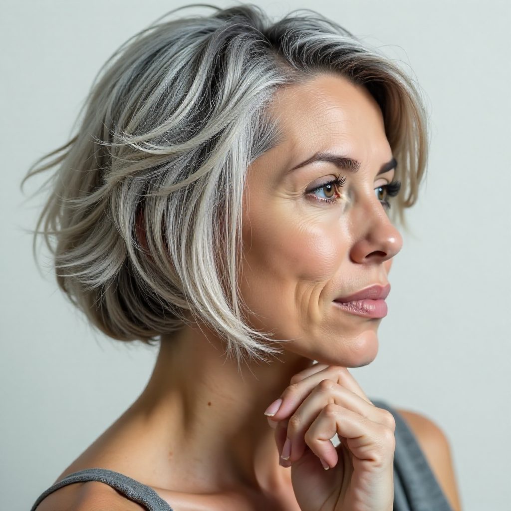 Salt-and-Pepper Bob for Wavy Hair Over 60