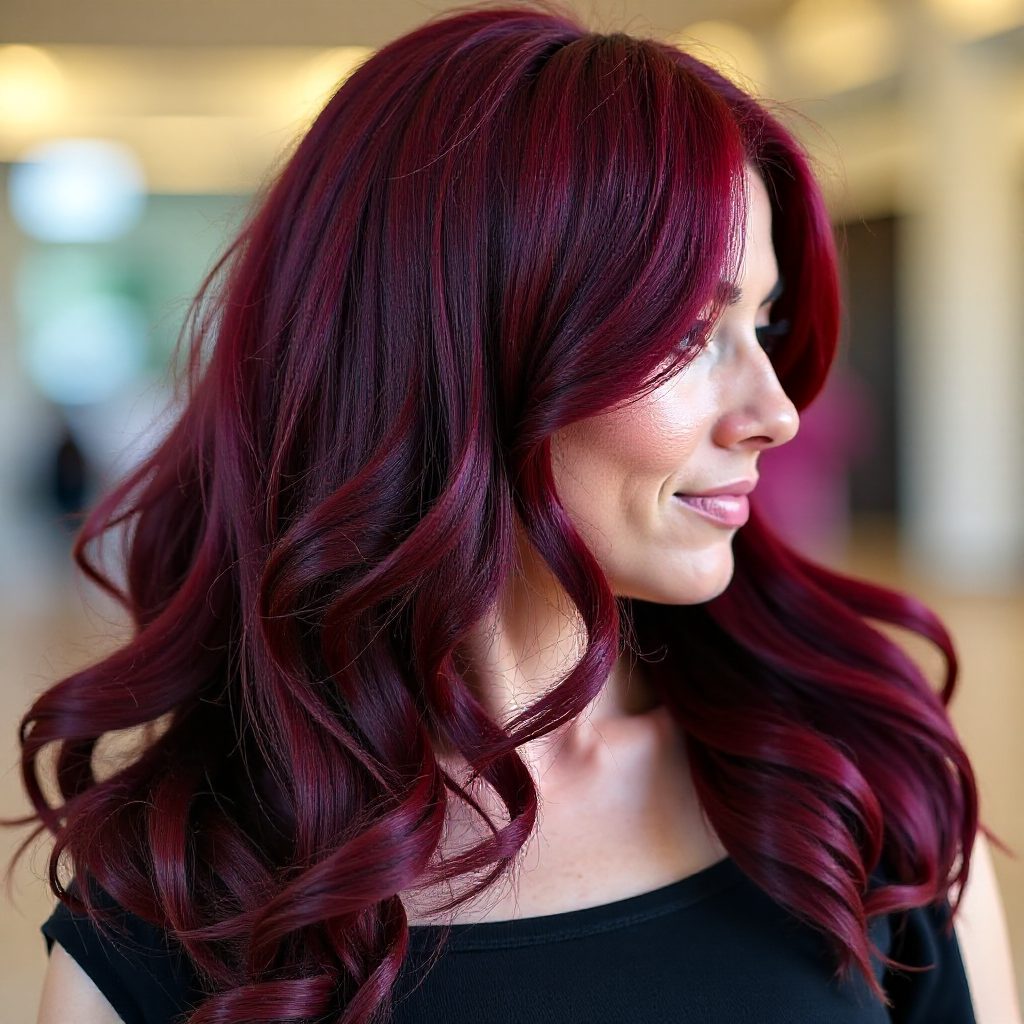Long Black Cherry Hair with Highlights